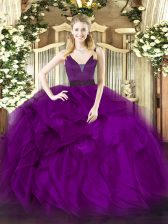 Romantic Purple Ball Gowns Straps Sleeveless Organza Floor Length Zipper Beading and Ruffles Vestidos de Quinceanera