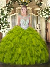  Olive Green Tulle Zipper Scoop Sleeveless Floor Length Sweet 16 Dress Beading and Ruffles