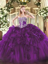  Floor Length Dark Purple Quinceanera Gowns Strapless Sleeveless Lace Up