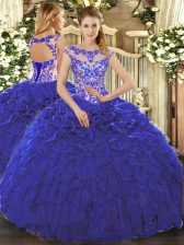  Beading and Ruffles Quince Ball Gowns Royal Blue Lace Up Cap Sleeves Floor Length