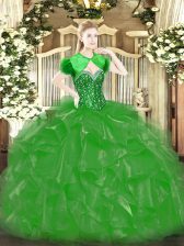  Green Ball Gowns Beading and Ruffles Sweet 16 Quinceanera Dress Lace Up Organza Sleeveless Floor Length
