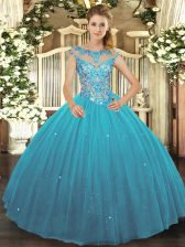 Perfect Scoop Sleeveless Lace Up Quinceanera Gown Teal Tulle