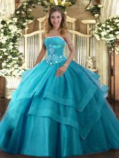 Custom Fit Tulle Sleeveless Floor Length Quinceanera Gowns and Beading and Ruffled Layers