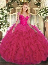  Long Sleeves Floor Length Lace and Ruffles Lace Up Sweet 16 Dress with Hot Pink