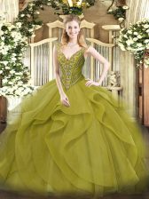 Amazing Olive Green Ball Gowns Tulle V-neck Sleeveless Beading and Ruffles Floor Length Lace Up Quinceanera Gown