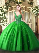 Fitting Green Tulle Lace Up 15 Quinceanera Dress Sleeveless Floor Length Beading and Appliques