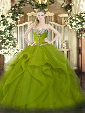 Noble Sweetheart Sleeveless 15 Quinceanera Dress Floor Length Beading and Ruffles Olive Green Tulle