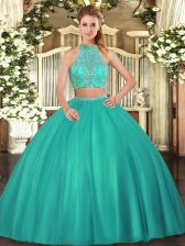 Exceptional Turquoise Two Pieces Beading Vestidos de Quinceanera Criss Cross Tulle Sleeveless Floor Length
