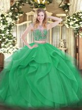 Edgy Green Quince Ball Gowns Military Ball and Sweet 16 and Quinceanera with Beading and Ruffles Scoop Sleeveless Lace Up