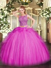 Dazzling Sleeveless Floor Length Beading and Ruffles Lace Up 15 Quinceanera Dress with Fuchsia