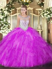 High Quality Fuchsia Sleeveless Floor Length Beading and Ruffles Zipper Vestidos de Quinceanera