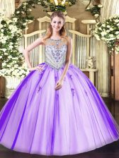 Chic Lavender Zipper Scoop Beading and Appliques Sweet 16 Quinceanera Dress Tulle Sleeveless