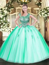 Sleeveless Floor Length Beading Lace Up Sweet 16 Dresses with Apple Green