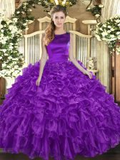 Fabulous Ball Gowns Quinceanera Gowns Eggplant Purple Scoop Organza Sleeveless Floor Length Lace Up