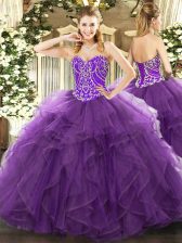 Trendy Eggplant Purple Sweetheart Lace Up Beading and Ruffles Ball Gown Prom Dress Sleeveless