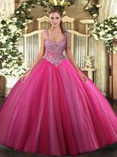  Hot Pink Ball Gowns Tulle V-neck Sleeveless Beading Floor Length Lace Up Sweet 16 Quinceanera Dress