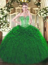  Sweetheart Sleeveless Quinceanera Dress Floor Length Beading and Ruffles Dark Green Organza
