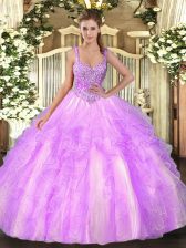 Wonderful Tulle Sleeveless Floor Length Quince Ball Gowns and Beading and Ruffles