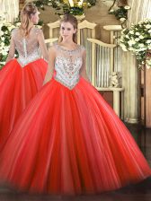 Cheap Floor Length Coral Red Quince Ball Gowns Scoop Sleeveless Zipper