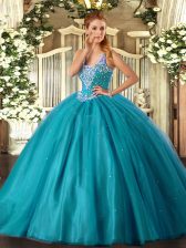  Teal Lace Up Straps Beading Quinceanera Dress Tulle Sleeveless