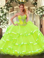  Organza Sweetheart Sleeveless Lace Up Beading and Ruffled Layers 15th Birthday Dress in Yellow Green