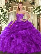 Customized Purple Lace Up Quinceanera Gown Beading and Ruffles and Pick Ups Sleeveless Floor Length