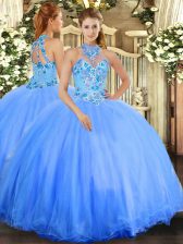 Nice Sleeveless Tulle Floor Length Lace Up 15 Quinceanera Dress in Blue with Embroidery