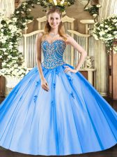  Sleeveless Floor Length Beading and Appliques Lace Up Quinceanera Dress with Blue