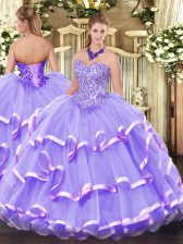 Lovely Floor Length Lace Up Sweet 16 Dress Lavender for Military Ball and Sweet 16 and Quinceanera with Appliques and Ruffled Layers