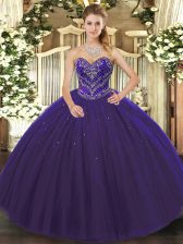 Purple Ball Gowns Sweetheart Sleeveless Tulle Floor Length Lace Up Beading Quinceanera Gown