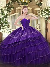  Sleeveless Organza and Taffeta Floor Length Zipper Quinceanera Dress in Purple with Embroidery and Ruffled Layers