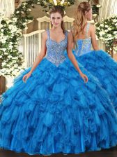 Best Selling Blue Lace Up Sweet 16 Quinceanera Dress Beading and Ruffles Sleeveless Floor Length
