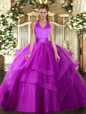  Floor Length Fuchsia Sweet 16 Dresses Tulle Sleeveless Ruffled Layers