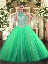  Floor Length Ball Gowns Sleeveless Green Quince Ball Gowns Lace Up