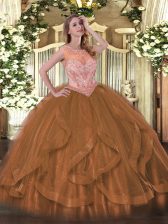  Sleeveless Floor Length Beading and Ruffles Lace Up Ball Gown Prom Dress with Brown