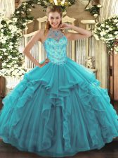 Dazzling Teal Halter Top Neckline Beading and Embroidery and Ruffles Quinceanera Gowns Sleeveless Lace Up