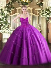 Sophisticated Fuchsia Sleeveless Tulle Lace Up Quince Ball Gowns for Military Ball and Sweet 16 and Quinceanera
