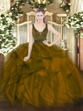 High Quality Floor Length Zipper Quinceanera Gowns Brown for Military Ball and Sweet 16 and Quinceanera with Beading and Ruffles