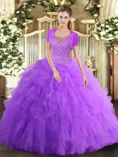  Lavender Ball Gowns Tulle Scoop Sleeveless Beading and Ruffled Layers Floor Length Clasp Handle Sweet 16 Quinceanera Dress