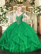 Chic V-neck Sleeveless Lace Up Quinceanera Dresses Green Tulle