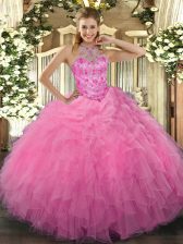 Decent Rose Pink Sleeveless Beading and Embroidery and Ruffles Floor Length Ball Gown Prom Dress