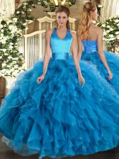  Sleeveless Floor Length Ruffles Lace Up Sweet 16 Quinceanera Dress with Baby Blue