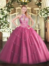  Halter Top Sleeveless Tulle Vestidos de Quinceanera Lace and Appliques Lace Up