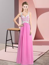 Comfortable Lace Prom Dress Rose Pink Zipper Sleeveless Floor Length