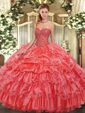  Sleeveless Floor Length Beading and Ruffles and Pick Ups Lace Up 15 Quinceanera Dress with Coral Red