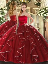  Floor Length Lace Up Quinceanera Dress Wine Red for Military Ball and Sweet 16 and Quinceanera with Ruffled Layers