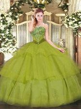  Strapless Sleeveless Sweet 16 Dresses Floor Length Beading and Ruffled Layers Olive Green Tulle