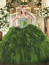 Wonderful Olive Green Ball Gowns Organza Strapless Sleeveless Beading and Ruffles Floor Length Lace Up Quinceanera Dress
