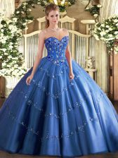 Ideal Blue Ball Gowns Tulle Sweetheart Sleeveless Appliques and Embroidery Floor Length Lace Up 15 Quinceanera Dress
