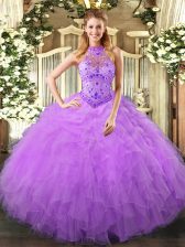  Halter Top Sleeveless Vestidos de Quinceanera Floor Length Beading and Ruffles Lavender Organza